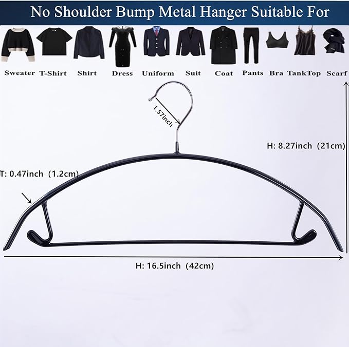 16.5 Inch Black No Shoulder Bumps No Mark Non-Slip Rubber Coated Contour Meta Hanger for Sweater T-Shirt Suit Coat Uniform with Pants Bar Pack of 20