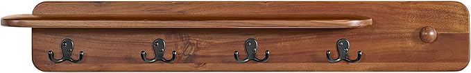 Alaterre Furniture Coat Rack with Shelf - Calais Collection Wall Mount Shelf with 4 Coat Hooks and Peg - Acacia Wood Wall Hangers (Warm Chestnut)