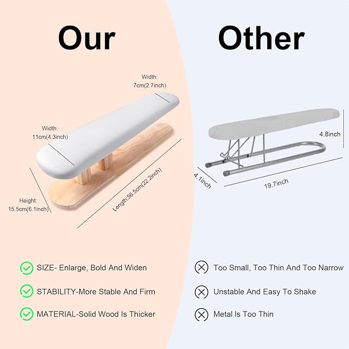 Upgraded Padded Longer Sleeve Ironing Board,Sleeves & Chest Tailor, Portable Sleeve Ironing Board with Wooden Base for Daily Ironing at Home, Laundry Rooms, Travel Use(57x13cm)