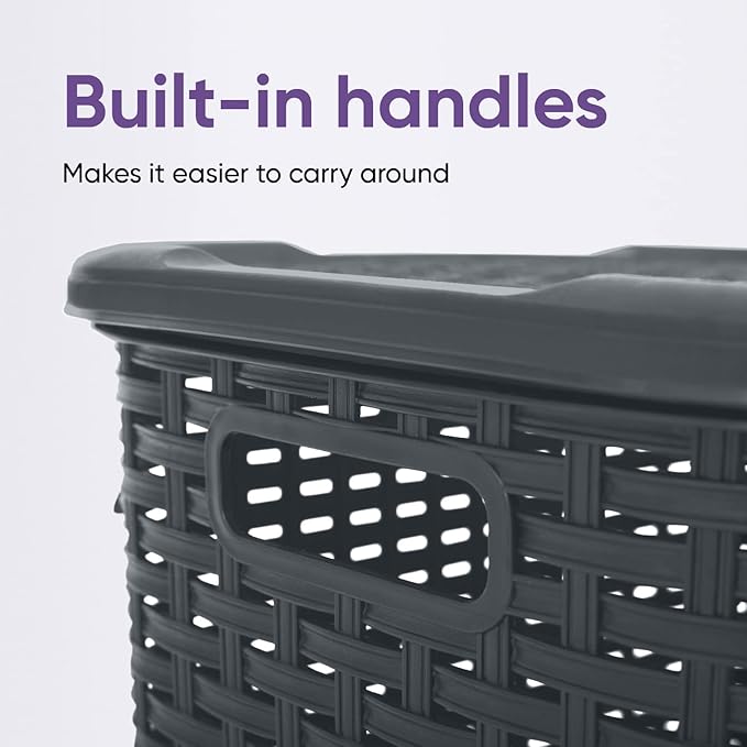Plastic Laundry Hamper with Lid Laundry Hamper Basket, Grey Tall Cloths Hamper Organizer with Cut-out Handles. Space Saving for Laundry Room Bedroom Bathroom, Wicker Design 60 Liter