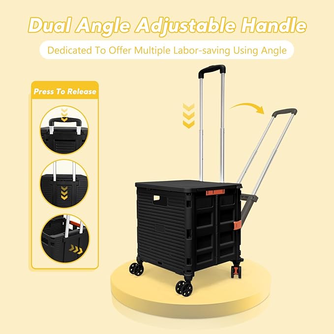 FELICON SELORSS Folding Utility Cart Rolling Crate Tote Basket Box Storage Handcart on 4 Swivel Wheels with Adjustable Handle Extended Magnetic Lid for Teacher Move Shop Travel Grocery Office(Black)