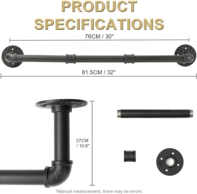 Industrial Pipe Clothing Rack, 30'' Wall Mounted Clothes Garment Rack , Black Iron Pipe Clothes Hanging Bar, Heavy Duty Metal Hanging Rod for Retail Display Closet Storage and Laundry Organizing