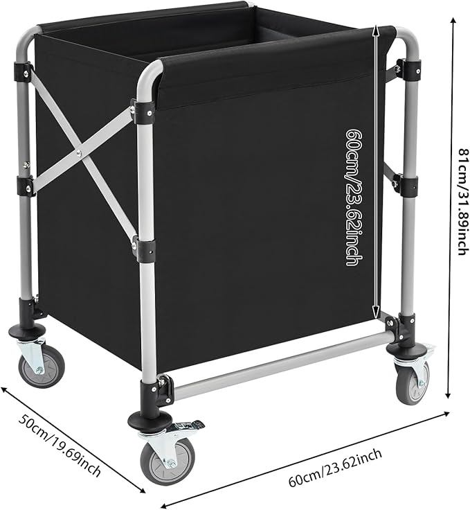 Commercial Laundry Cart with Wheels, 220lbs Capacity Foldable Rolling Laundry Hamper on Wheels, 24x20x32'' Big Laundry Basket with Removable Liner Bag for Home Hotel, Black