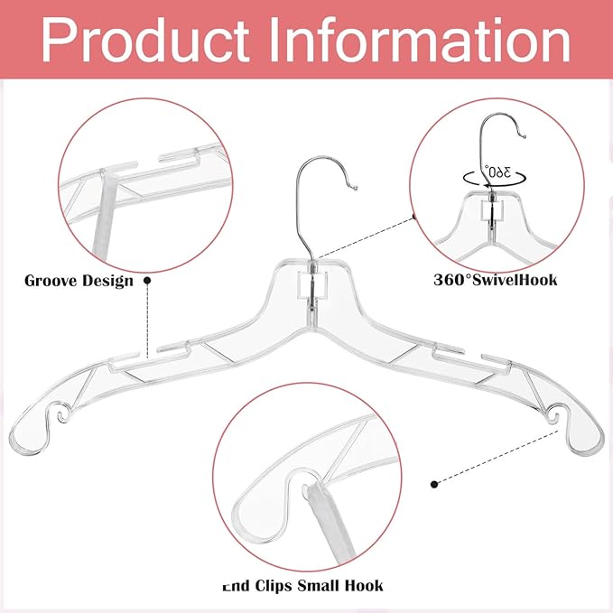 12 Pack Clear Plastic Hangers, 16.7 Inch Shirt Hanger, Clear Acrylic Hanger with 360 Swivel Metal Hook and Notches, Space Saving Heavy Duty, Dress Hangers for Clothes Shirts Dresses