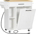 HOOBRO Kitchen Island with Trash Can Storage, Rolling Kitchen Island on Wheels, Kitchen Storage Island with Power Outlet, Mobile Islands Table for 10 Gallon Garbage Bin, Natural and White WN80UZD01G1