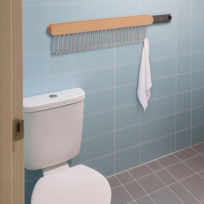 2 PCS 12 Hooks Valet Rod for Closet, Pull-out Closet Organizers, Left and Right Pull-Out Wooden Clothes Hanger Rack, Extendable Closet Rod with Metal Hooks for Bra, Belt, Tie, Scarf