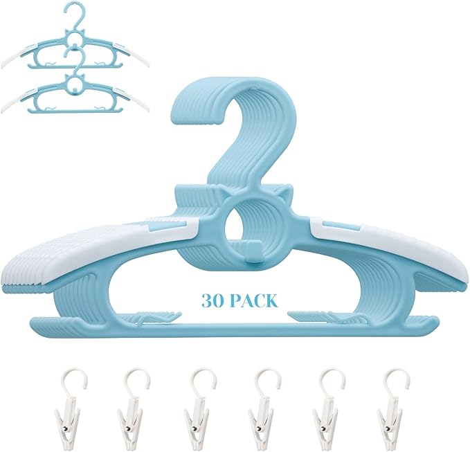 Baby Nursery Closet Hangers,30Pack Ultra Thin Non-Slip and Extendable Laundry Infant Pant Hanger for Newborn Clothes 11-14" Blue Adjustable Children Coat Hanger for Girl Boy Toddler Kids Child