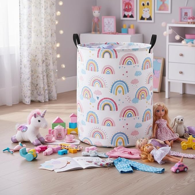 Baby Laundry Basket Baby Nursery Hamper Kids Laundry Basket Toy Storage Bin for Boys Room Decor Gift Baskets for Bedroom Bathroom(Blue Rainbow)