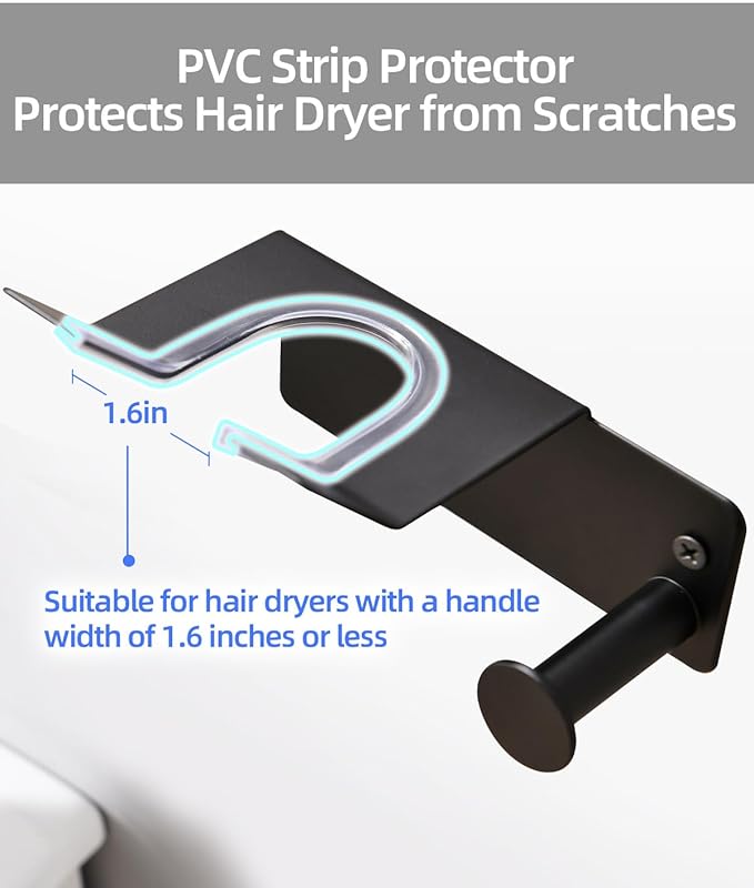 Hair Dryer Holder Wall Mounted,Self Adhesive SUS304 Blow Dryer Holder Stainless Steel Hair Dryer Stand Black,Banjekt