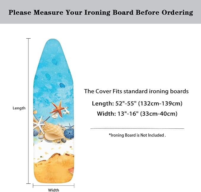 Beach Starfish Shells Non Stick Scorch Ironing Board Cover, Stain Resistant Easy to Install & Clean Fabric Iron Pad Covers with 3 Hooks and Loops for Living Room Decor