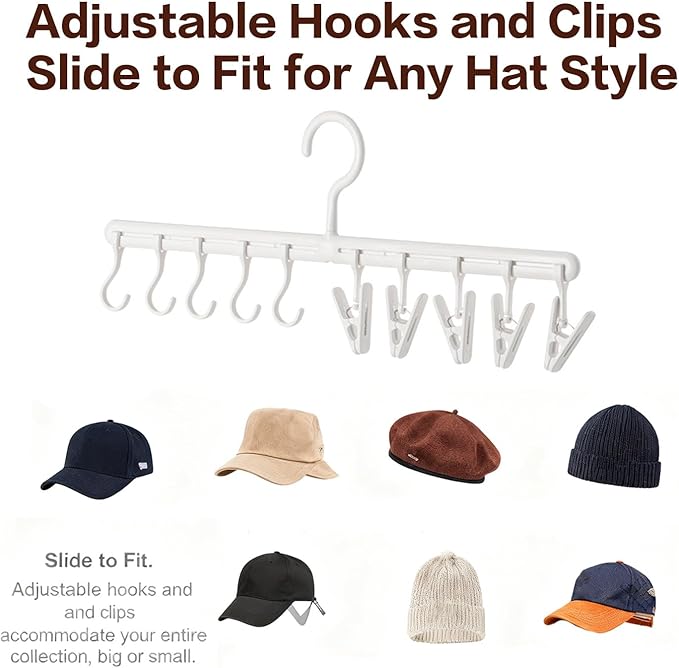 360° Rotatable Hat Organizer for Closet Hanger with 5 Hooks & 5 Clips - Adjustable Space-Saving Closet Rack for Baseball Caps and Hats, White