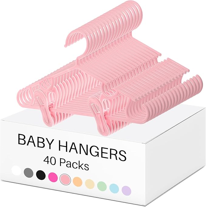 Hsei 5/10/40 Pack Baby Hangers with 10/20/80 Clips, Plastic Kids Pants Hangers for Nursery Closet Top and Bottom Clothes Hanger Set for Newborn Infant Toddler(120 Packs Total,Flesh Pink,10.6 Inch)