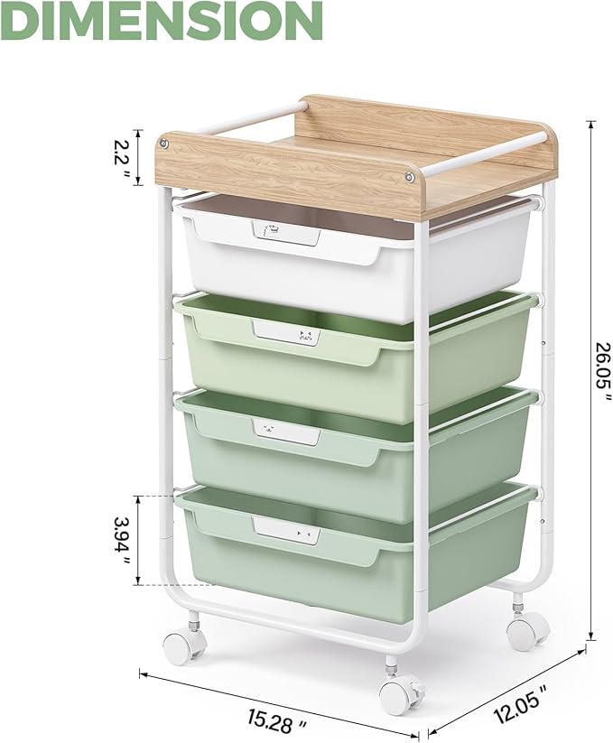 APEXCHASER Plastic Drawer Organizers with Wheels, 4-Tier Rolling Storage Cart with Wooden Top, Plastic Drawer Unit for Kids’ Toys, Office Supplies, Nursery Essentials, and Laundry Storage,Green