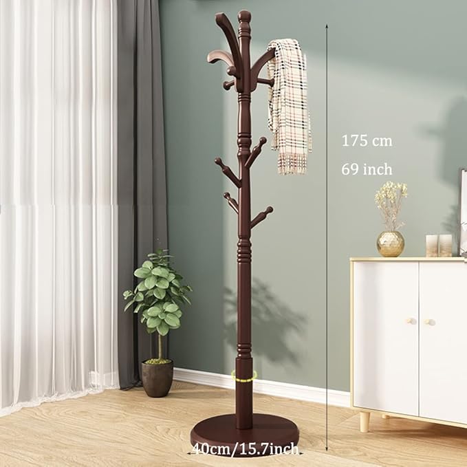 Wooden Tree Coat Rack Stand, 10 Hooks, 3 Adjustable Sizes Free Standing Coat Rack, Hallway/Entryway Coat Hanger Stand for Clothes, Suits, Accessories, Easy Assembly (Color : Walnut, Size : B)