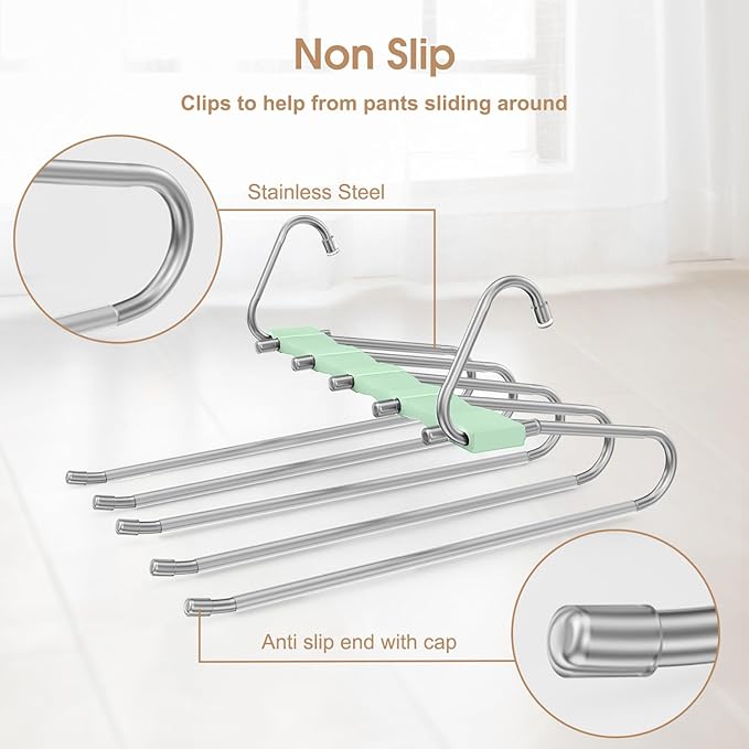 4 Pack Pants Hangers Space Saving, Anti-Slip Multi-Functional Pants Rack, Thickened Stainless Steel Tube, Two Hanging Modes Suitable for Jeans Trousers Skirts Scarf-Green