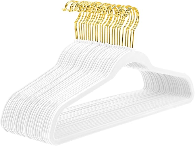 MIZGI White Velvet Hangers 50 Pack,Premium Gold Clothes Hangers Non-Slip Felt Hangers,Sturdy White Heavy Duty Coat,Durable Suit for Space Saving, No Flocked Marks