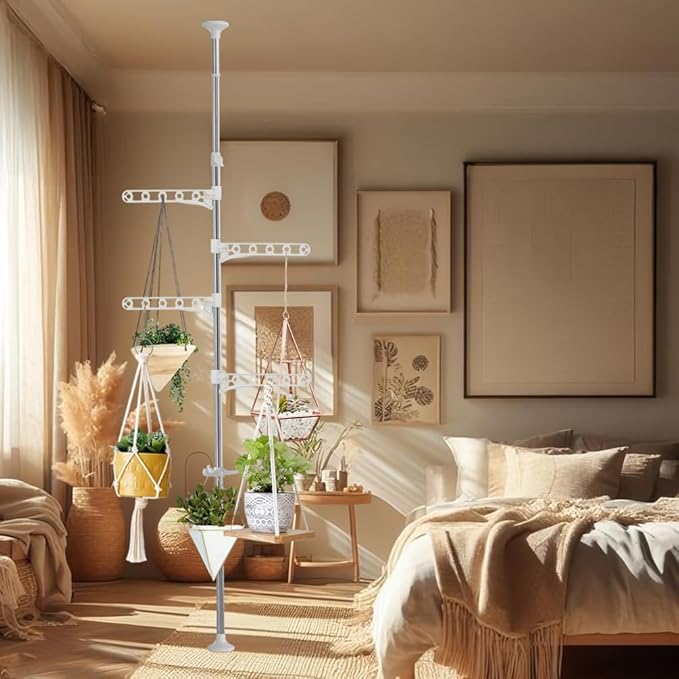 BAOYOUNI Telescopic Laundry Tension Pole Corner Clothes Hanging Drying Rack Floor to Ceiling Jacket Coat Hanger Garment Storage Organizer Stand Space Saving with Adjustable Arms - Ivory