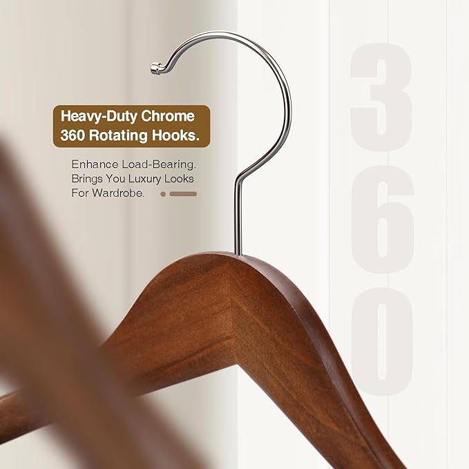 Suit Hangers 6 Pack,Wide Shoulder Wooden Hangers,Solid Wood Coat Hangers with Heavy Duty Retotating Hooks & Non Slip Pants Bar,Smooth Finish Clothes Hanger for Sweater, Pants, Jacket(Walnut)