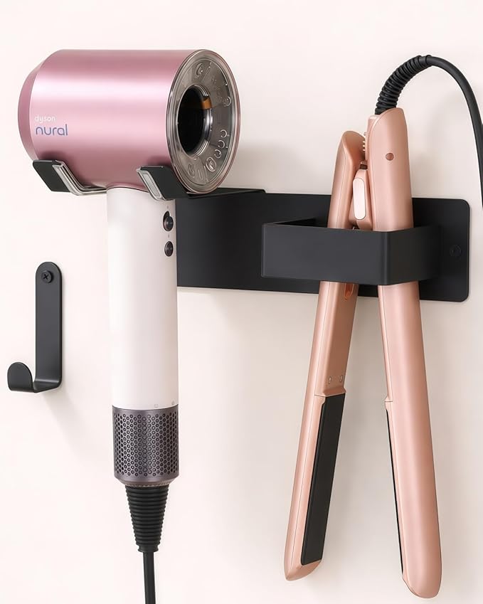 Hair Dryer and Straightener Holder, Upgraded Hair Straightener Holder with Cable Hook, Stainless Steel Universal Hair Dryer Wall Mount Waterproof for Bathroom Space-Saving Black
