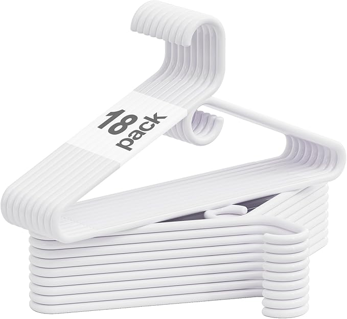 Heavy Duty Plastic Hangers 18 Pack, White Plastic Hangers for Standard Size Clothes with Hook & Non-Slip Pants Bar for Shirts, Pants, Coat, Dresses, Jackets, Scarves and Belts