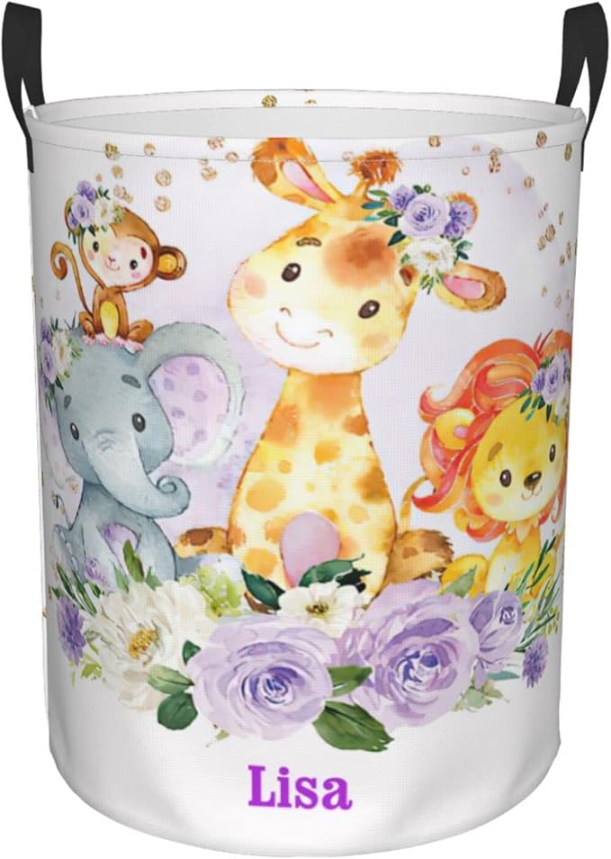Purple Flower Animals Personalized Laundry Hamper Custom with Name Collapsible Waterproof Storage Basket with Handles for Bedroom Decor Gift.