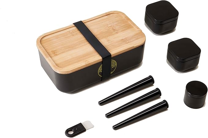 Stash Box with rolling tray - Air-Tight Storage Stash Box with Bamboo Tray - Portable Decorative Box for Herbs (8inch)