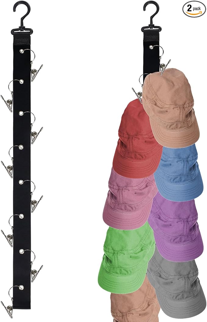 2 Pack Hat Organizers with 16 Stainless Steel Clips, Vertical Hat Hanger Storage Rack, Hat Holder for Baseball Caps Display Gift Man Women Closet Bedroom Door (Black) (C)