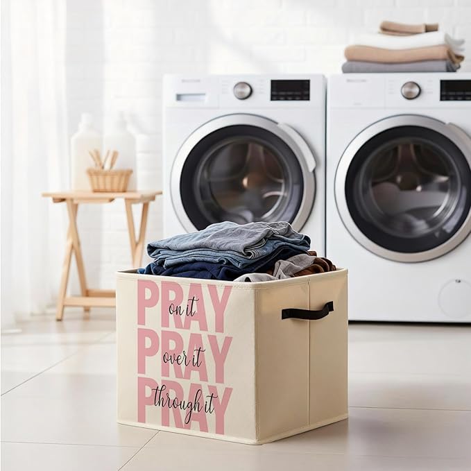 Pink Christian Storage Bin Box with Handles, Pray on It Pray over It Bible Verse Religious Foldable Baskets Organizer for Bedroom Bathroom Home Clothes Toys Books, Toybox for Girls