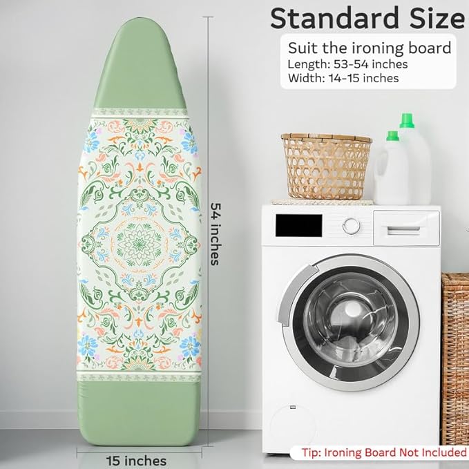 FIOBEE Ironing Board Cover and Pad Extra Thick Iron Board Pad with Heat-Resistant Mesh Padded Iron Board Covers Adjustable Buckle & Elastic Edges for 15x54 Standard Size Ironing Board, Sage Green