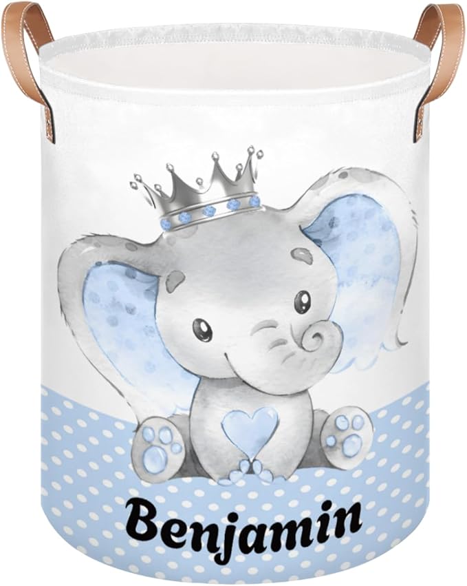 Personalized Laundry Basket, Custom Gift Laundry Hamper, Collapsible Nursery Waterproof Laundry Baskets, Dirty Clothes Toy Hamper with Handles Prince Elephant Dot