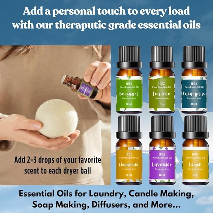 Essential Oils and Wool Ball Set (6 Cat Dryer Balls & Essential Oil Set Bundle)