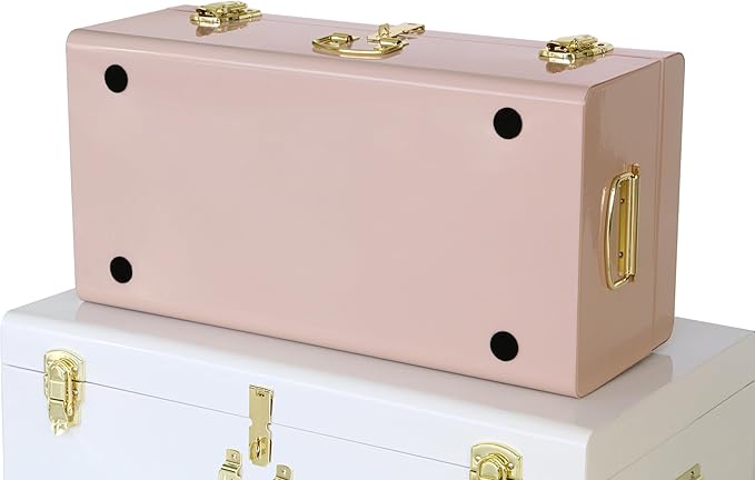 Vixdonos Metal Trunk Decorative Storage Box Set of 2 College Dorm Chest with Handle (Pink and White)