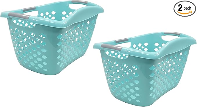 (2 Pack) 1.8 Bushel Hip Hugger Laundry Basket, Teal Flexible Plastic Hamper - Easy 1-Hand Carry(Home/Laundry Room)