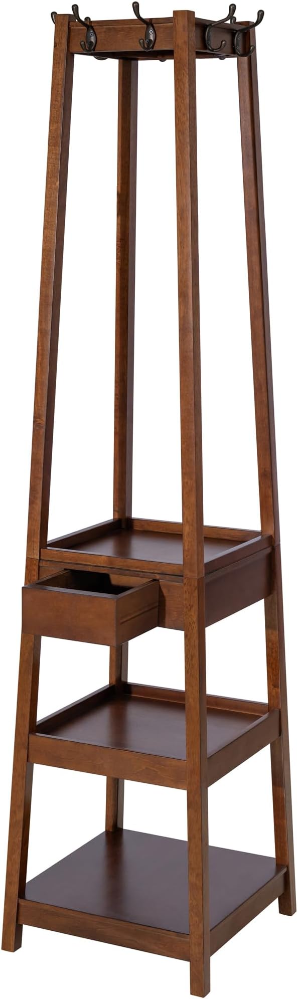 eHemco Wooden Coat Rack Stand with 8 Hooks, 3 Storage Shelves and Drawer, Heavy Duty Hall Tree, 70.20 Inches Height, Coffee