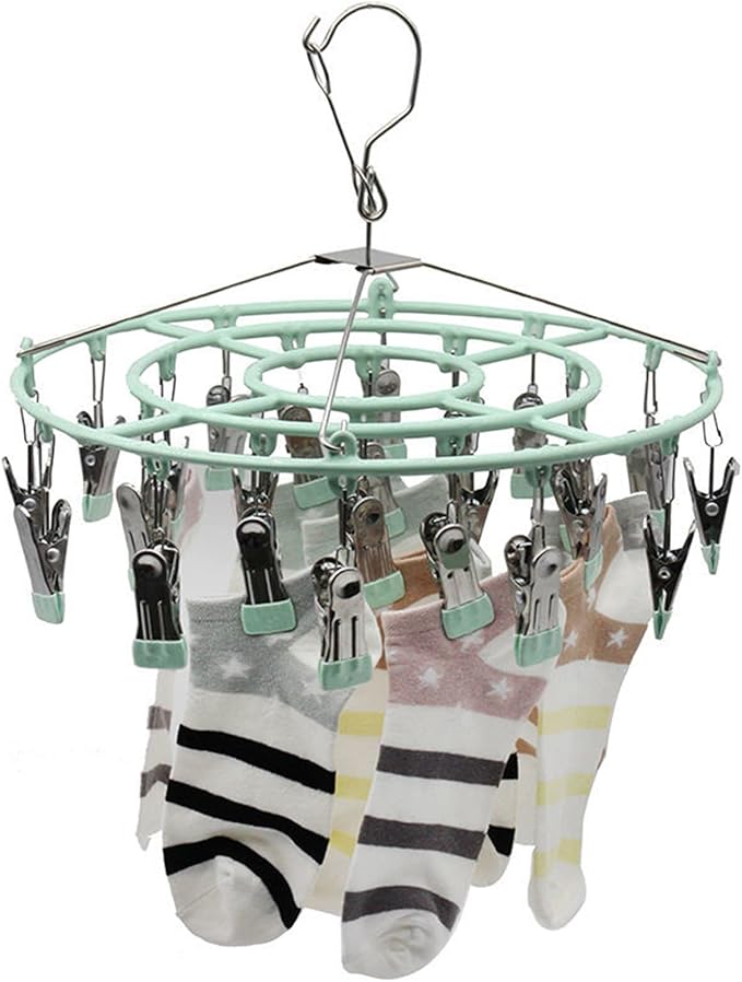 Stainless Steel Clothes Sock Drying Rack with 24 Clips, Swivel Hook Windproof Clothes Hanger Rack for Sock, Bras, Towel, Underwear, Hat, Scarf, Gloves, Pants Laundry Clothes (Green Clips)