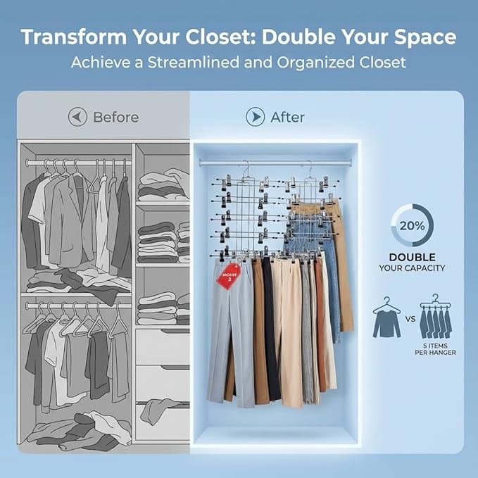 5 Tier Metal Hangers with Clips - Pack of 2 Space-Saving Wire Hangers, Heavy Duty Stainless Steel Clothes Hangers for Pants, Skirts, Scarves, and Jeans - Ideal for Closet Organization