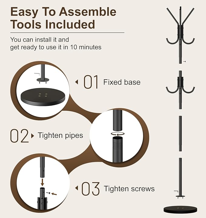 MISSLO Heavy Duty Coat Rack Freestanding with Stable Wood Base Modern Coat Tree with 12 Hooks Adjustable Coats Hanger Stand Stylish Standing Clothes Tree for Entryway Bedroom Corner Hall