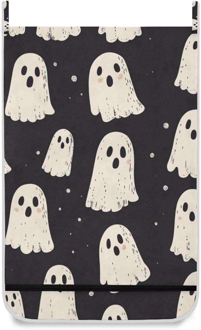 Cute Halloween Ghost Black Hanging Laundry Hamper Door Hampers Bag Basket with Stainless Steel Hooks Oxford Fabric Printing Decorative Clothes Bags 29.5X20inch 1Pack
