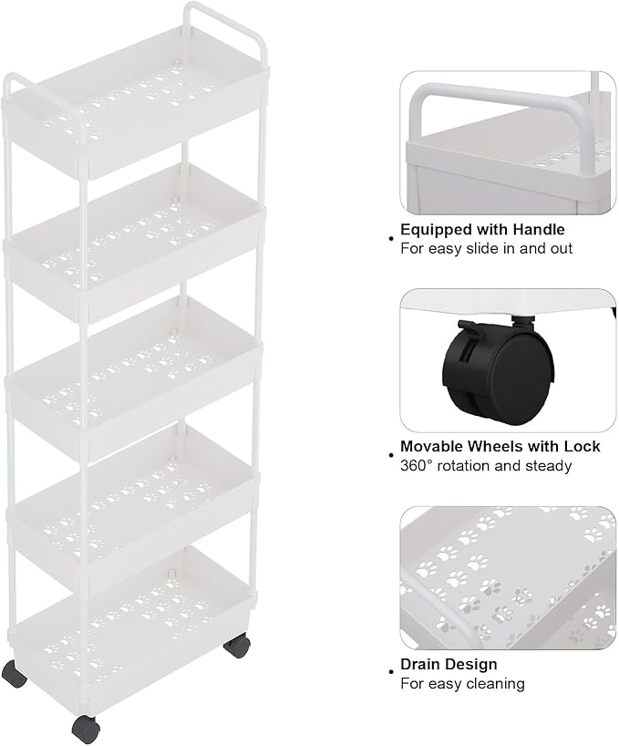 Buzowruil Rolling Storage Cart 5 Tier Organizer Mobile Shelving Unit Storage Rolling Utility Cart with Wheels for Kitchen Bathroom Laundry,White