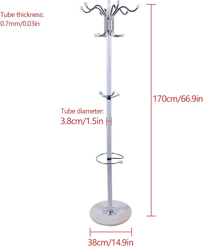 DYRABREST Coat Rack Metal Stand Tree Hat Hanger Holder Hanging Up for Jacket Umbrella Hand-Bag Cloth Hat Winter Scarf (White)