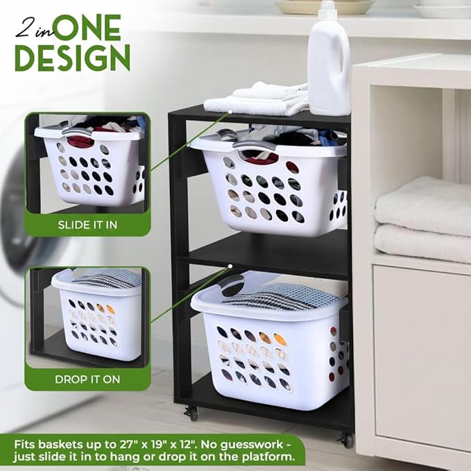 Laundry Basket Holder Shelf – Stackable Engineered Wood Laundry Tower, Tiered Hamper Organizer for Bathroom, Bedroom, Closet (Black, 2 Tier)