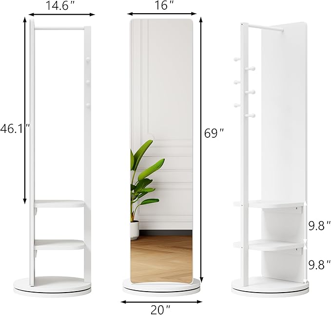 CHANCEE 360° Rotating Full-Length Mirror with Storage, 69"x16" Solid Wood Freestanding Coat Rack with Hooks, Space-Saving for Bedroom, Living Room, Cloakroom (White)