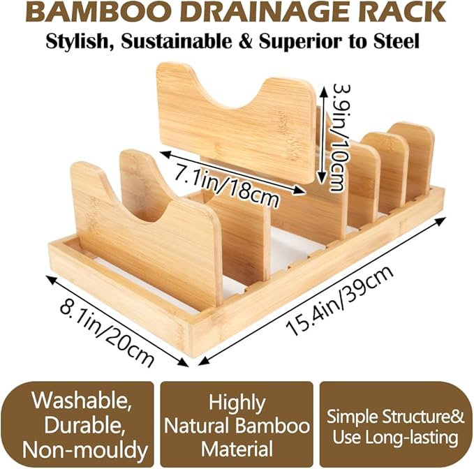 Bamboo Pan Pot Lids Organizer with Dish Drying Mats, Kitchen Organizers and Storage with 6 Dividers, Dish Drainer for Kitchen Counter Holder, Ideal for Pots, Cutting Boards, Mats, Cookware