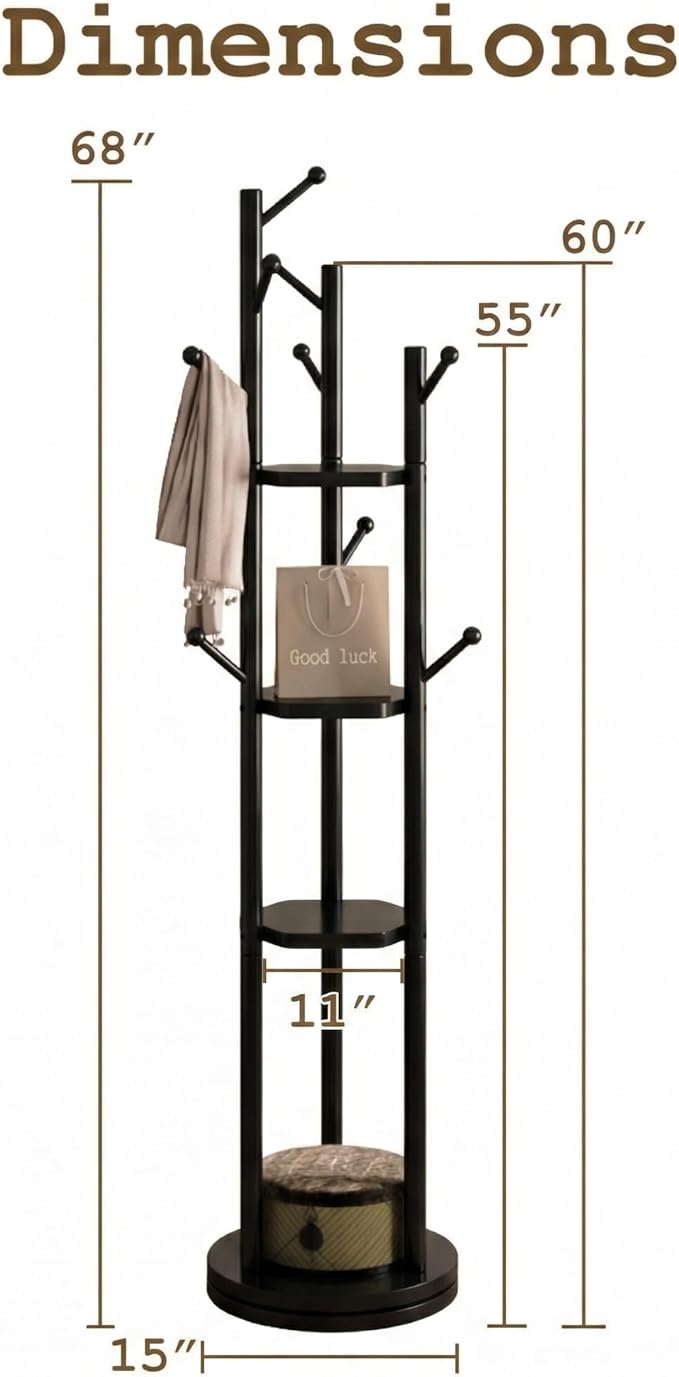 Solid Wood Coat Rack Freestanding, Rotating Coat Rack with 3 Shelves and 9 Hooks, Coat Tree for Bedroom, Entryway, Livingroom, Coat Hanger Stand for Coats, Scarves, Handbags (Black)