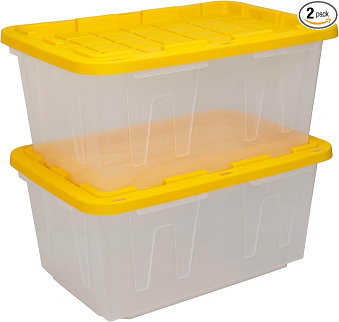 CX BLACK & YELLOW 27-Gallon Heavy Duty Clear Storage Bins with Lids, Stackable Plastic Storage Bins with Weather-Resistant Design, Home Organization, 2 Pack (14.3H x 20.6W x 30.6D)