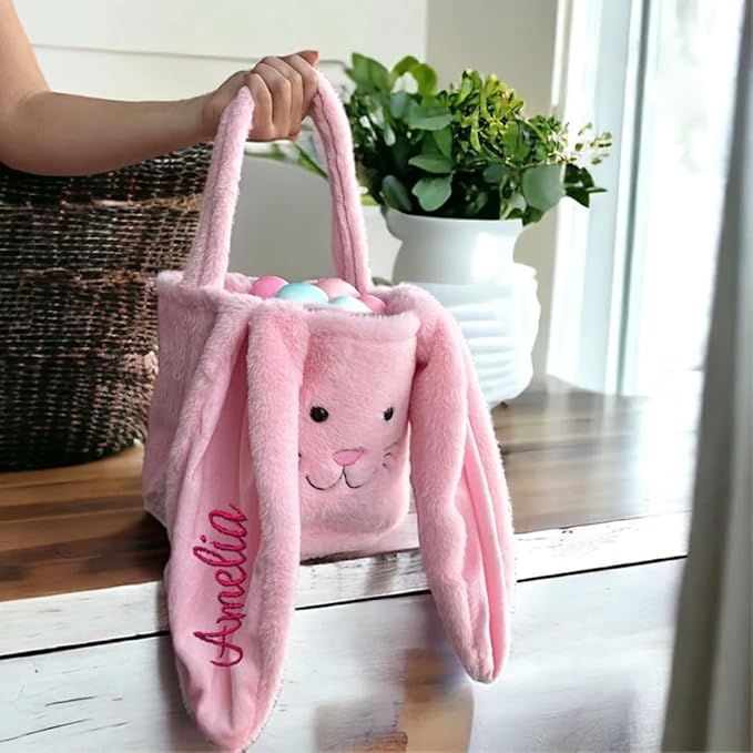 Embroidered Personalized Bunny Bag with Name, Kids Spring Egg Hunt Tote, Baby Boys & Girls Holiday Gift, Custom Monogram Rabbit Carry BaBasket for Easter Egg Hunt