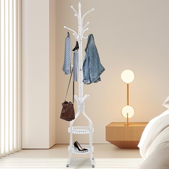 Metal Coat Rack Stand Freestanding Hat Hall Tree Clothes Rack Holder Modern Clothing Garment Hanger Stand with Double Layer Storage Basket and Hooks for Hanging Scarf Bag for Entryway Bedroom (White)