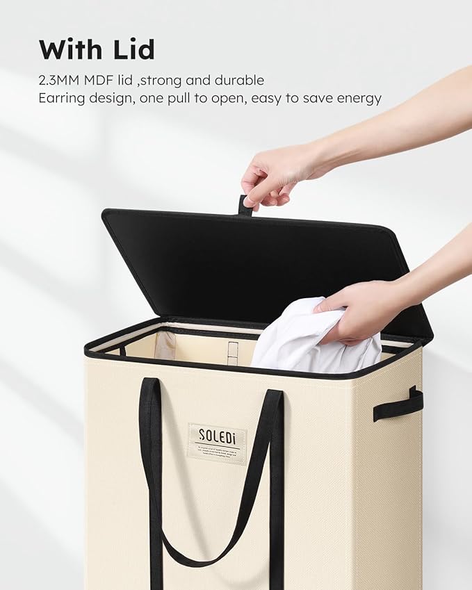 SOLEDI Slim Laundry Hamper with Lid,Collapsible Narrow Laundry Basket with Handles,Tall Skinny Dirty Clothes Hamper for Laundry Room,Dorm,Bathroom,Bedroom,and Small Spaces, 53L Beige