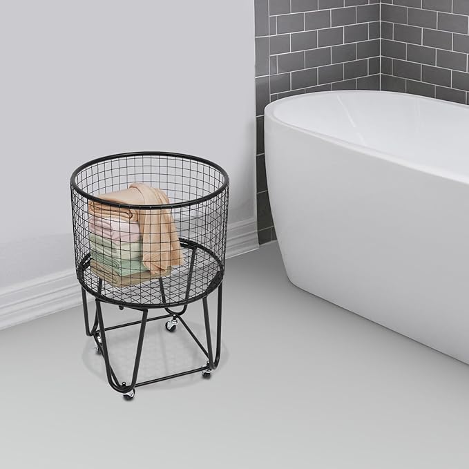 Wire Metal Deep Set Rolling Laundry Basket,Mesh Wire Laundry Basket Storage Cart for Bathroom Bedroom Dirty Clothes Storage (G)
