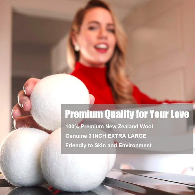 Wool Dryer Balls 6 Pack XL, 3" Genuine New Zealand Wool to Core, 100% Organic Fabric Softener Alternative, Baby Safe & Chemical Free, Reduce Wrinkles & Shorten Drying Time (White-6pcs)